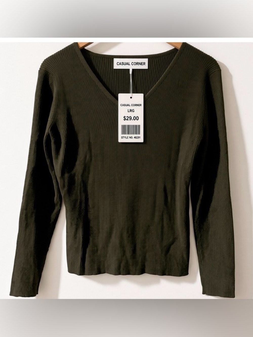 Casual Corner Vintage NWT Dark Olive Ribbed Long Sleeve Knit Top: L